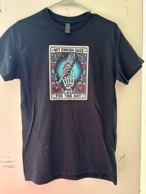 Gildan Black Graphic Tee with Teal and Red Skeleton Hand Artwork